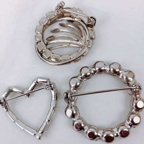 VTG Mid Century Brooch Lot of 3 Silver Tone Rhinestone Circle Heart Botanical - Picture 5 of 13